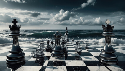 chess pawns placed on the chessboard under the surface of the sea in a landscape with cloudy sky and stormy sea - obrazy, fototapety, plakaty