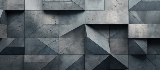A grey concrete wall featuring geometric shapes such as rectangles and triangles. The symmetry and patterns create a striking monochrome design using composite materials