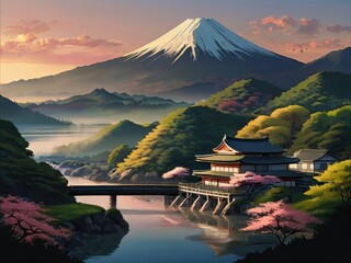 Depiction of morning in Japan with beautiful landscape HD Wallpapers