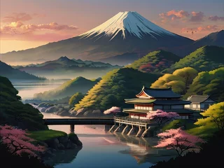 Wandaufkleber Depiction of morning in Japan with beautiful landscape HD Wallpapers © Abdulhaq