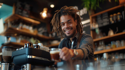 Portrait of The male barista with dreadlocks hairstyle is working in the cafe. - obrazy, fototapety, plakaty
