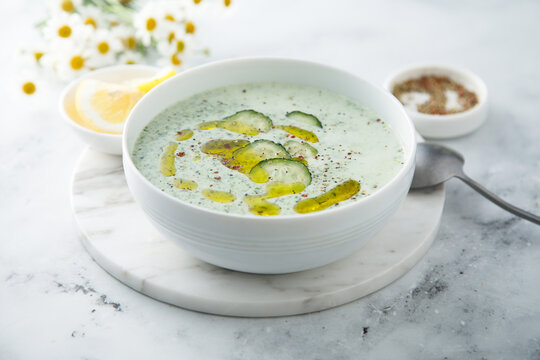 Homemade cold yogurt soup with cucumber