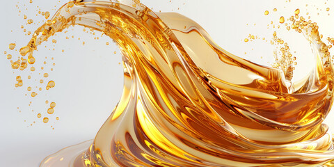 a wave  liquid golden oil on white background,oil liquid droplet on white background for wellness, cosmetics and dermatology.