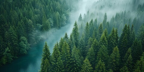 Foggy mountain landscape with a river and coniferous forest