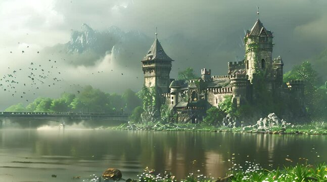 Medieval castle with moat full of water and a bridge, while a big flock of birds fly in the sky