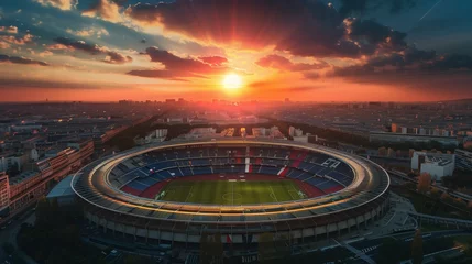 Papier peint Paris Arial image of Parc des Princes stadium during sunset, hyperrealistic. French tricolor.