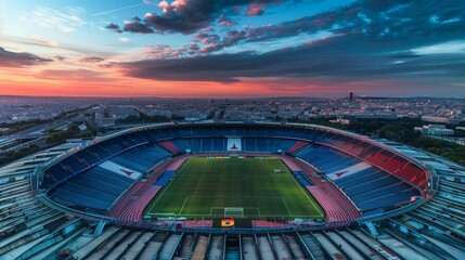 Arial image of Parc des Princes stadium during sunset, hyperrealistic. French tricolor. - obrazy, fototapety, plakaty