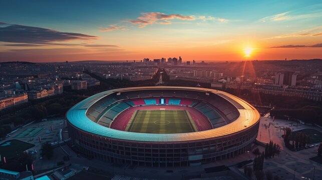Arial image of Parc des Princes stadium during sunset, hyperrealistic. French tricolor.