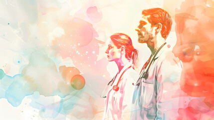 Watercolor art of a doctor and woman doctor celebrating International Health Day, Watercolor doctors on International Health Day, generative ai - obrazy, fototapety, plakaty