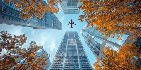 Skyscrapers tower amidst autumn trees as a plane flies overhead in the city clear blue sky.