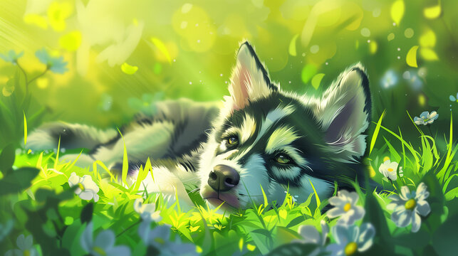 Drawing style image of a puppy lying in the sunshine in green grass with small flowers.