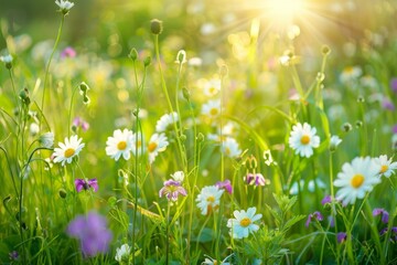 Beautiful field meadow flowers chamomile and violet wild bells in morning green grass in sunlight, natural landscape, close-up. Delightful pastoral airy fresh