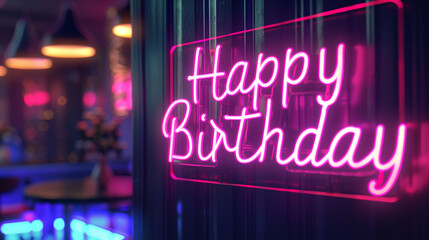 A stunning neon sign radiates the words "Happy Birthday" in a vivid pink hue, contrasting against a deep purple background for a visually striking effect.