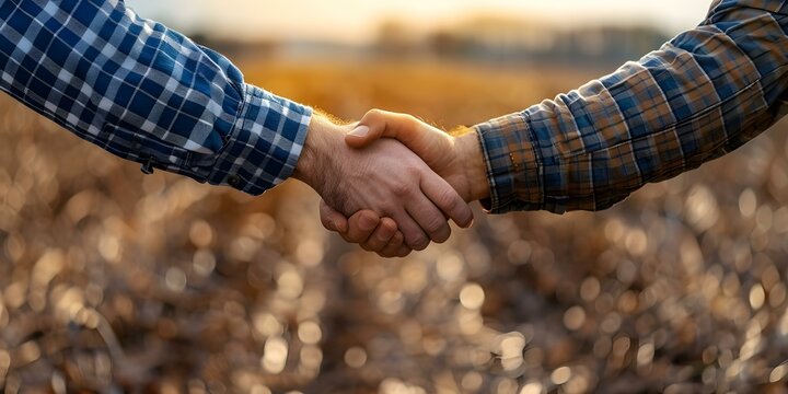 Farmers reach agreement with handshake during field discussion on a sunny day. Concept Agriculture, Negotiation, Partnership, Handshake, Field Discussion