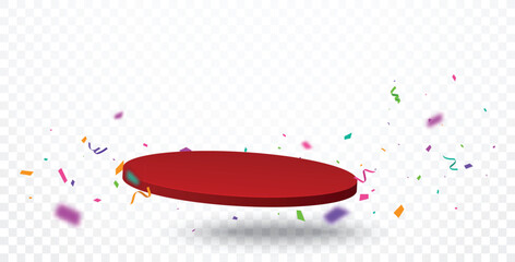 Empty red podium banner with colorful confetti and ribbon, isolated on transparent bacground