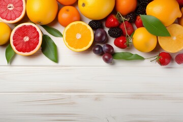 Colorful fresh fruits on white background with text space, healthy eating concept