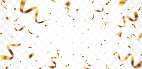 Gold confetti and ribbon background, isolated on transparent background