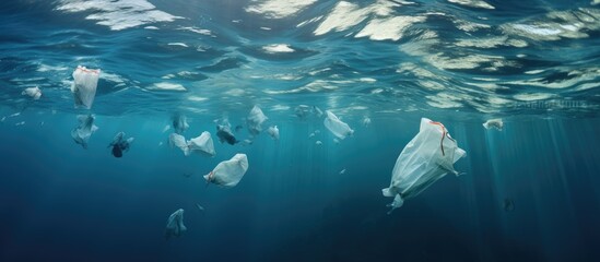 A school of electric blue fish with fins gracefully swims in the azure underwater world, showcasing...