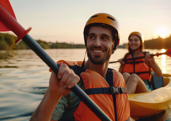 A young couple in life jackets and helmets were kayaking on a lake at sunset - obrazy, fototapety, plakaty