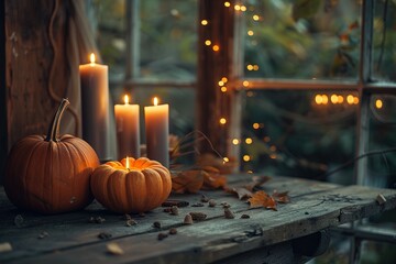 Pumpkins On Rustic Table With Candles And String Lights, Thanksgiving Concept