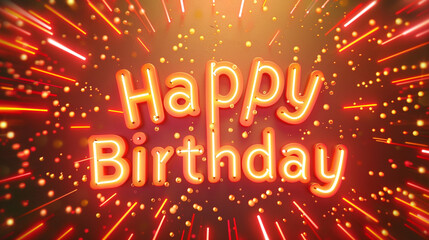 In a burst of energy, neon lights dance to form the words "Happy Birthday" in a dynamic pattern against a radiant orange background, exuding a sense of happiness and excitement.