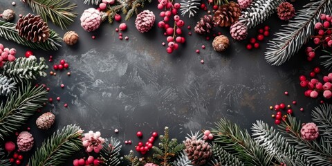 Fototapeta na wymiar Christmas background with fir branches, cones and berries. Top view with copy space