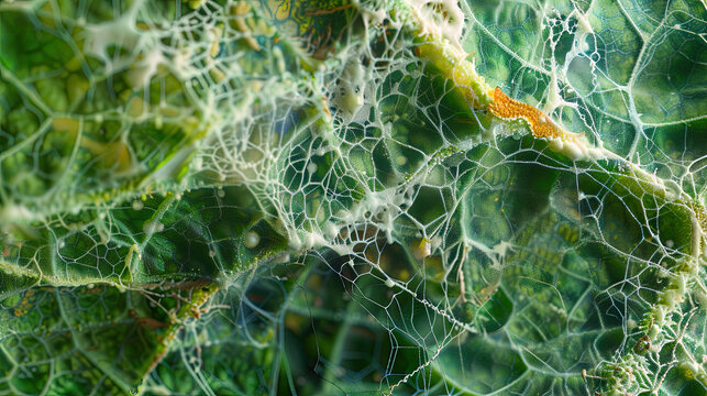 This ultra-high-resolution image vividly captures downy mildew on a vine leaf, showcasing a delicate web of hyphae and the discoloration it causes, highlighting the silent threat to plant health.