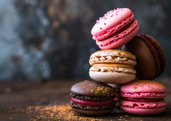 Delicious Macarons, side view close-up, ultra realistic food photography
