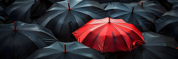 red translucent umbrella among a flock of black translucent umbrellas