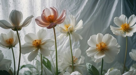 Delicate Drapery Ethereal Flowers Adorned with a Translucent White Covering