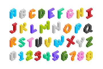 Collection of vector letters and digits made from construction blocks - 757076581