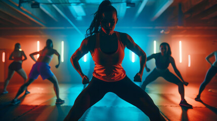 Energetic Dance Fitness Class in Vibrant Neon Lights