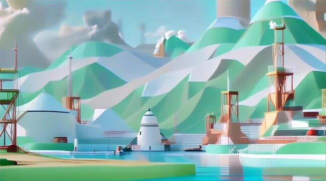 A stylized animation of a tranquil, minimalist landscape with geometric mountains, wind turbines, and a lighthouse.