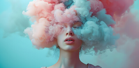Closeup Woman portrait with pastel colored candy cloud hair. Depression, addiction, loneliness, poor mental health - obrazy, fototapety, plakaty