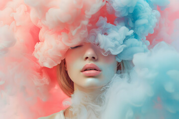 Closeup Woman portrait with pastel colored candy cloud hair. Depression, addiction, loneliness, poor mental health