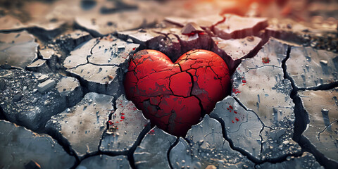  A red stone heart  in a cracked ground as a symbol for a broken heart and lovesickness,