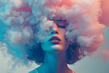 Closeup Woman portrait with pastel colored candy cloud hair. Depression, addiction, loneliness,...