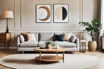 Modern interior design of Scandinavian living room . A round coffee table with cozy sofa . Few plants and some posters , landscape and few household objects . Classic paneling room with wooden design