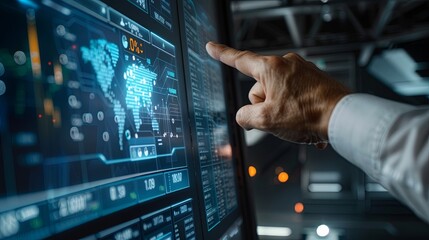Fototapeta premium Hand touching digital screen with interactive graphs and charts, data science or business finance news concept.