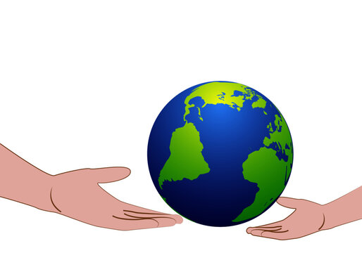Día mundial del medio ambiente. Padre o madre entregando a su hijo o hija un planeta Tierra verde y azul, un planeta sano