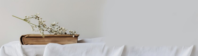 Old Holy Bible in a clean white minimalist setting where faith meets design - obrazy, fototapety, plakaty