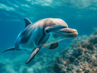 A dolphin swims gracefully against a backdrop of ocean blues, its intelligent eyes and smile hinting at playfulness.