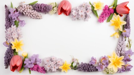 Spring flowers frame with tulips, daffodils, and azaleas on white background, space in middle