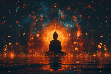 Foto op Canvas A buddha silhouette in the center of a mandala, against a dark background with glowing stars and lights, creating a spiritual meditation vibe.  © Photo And Art Panda
