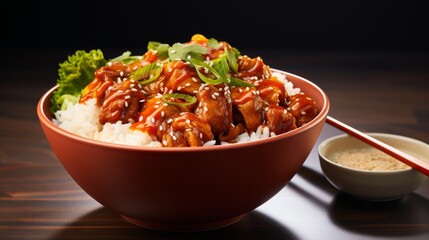 A bowl filled with savory meat and fluffy rice, creating a delicious and satisfying meal - obrazy, fototapety, plakaty