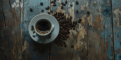 A steaming cup of hot coffee and coffee beans rest on a vintage wooden table, creating a cozy and rustic scene.
