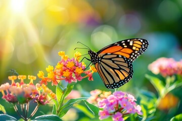 Fototapeta na wymiar Beautiful image in nature of monarch butterfly on lantana flower on bright sunny day.