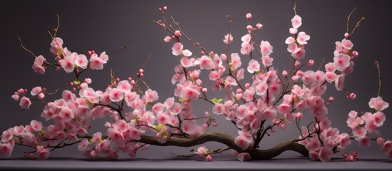 A stunning branch from a cherry blossom tree adorned with pink flowers elegantly displayed on a table, creating a beautiful and delicate centerpiece