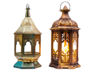 different old style traditional golden arabic lantern isolated on transparent background