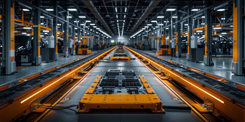 In the modern car factory, an electric vehicle battery production line, electric car 